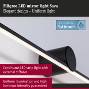 Filigree black LED mirror light Sava with uniform illumination for bathroom lighting