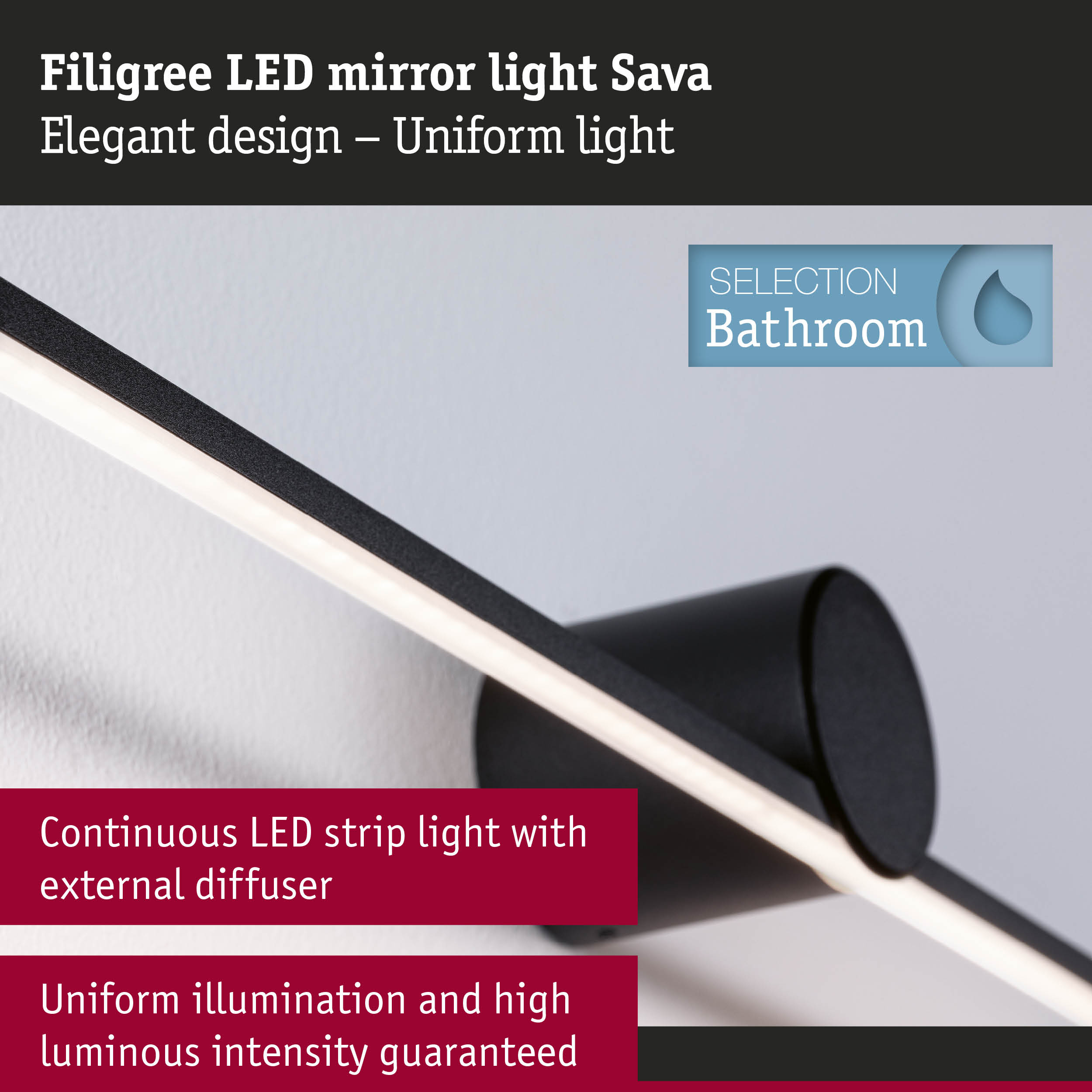 Filigree black LED mirror light Sava with uniform illumination for bathroom lighting