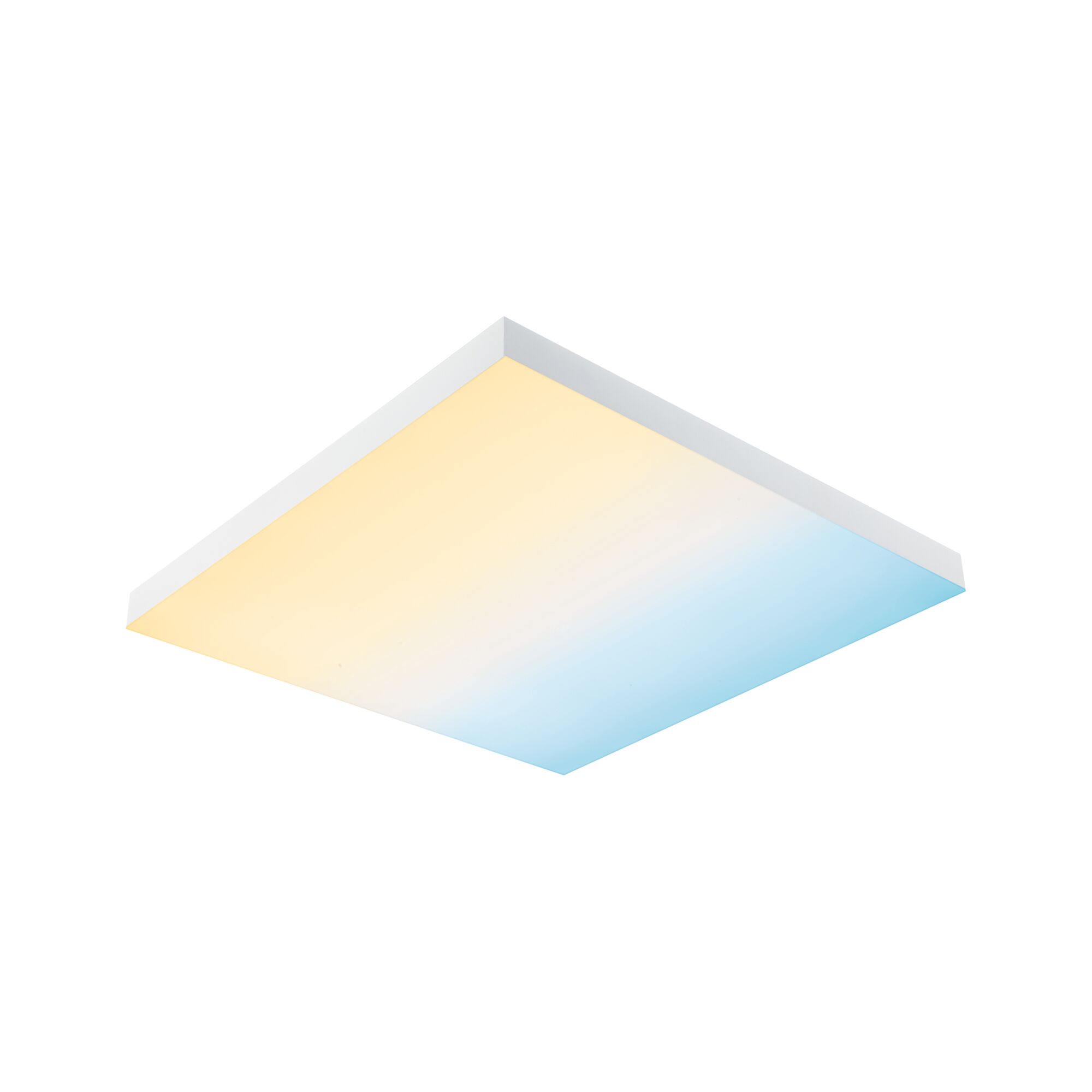 Square LED ceiling light with white frame and warm to cool white illumination