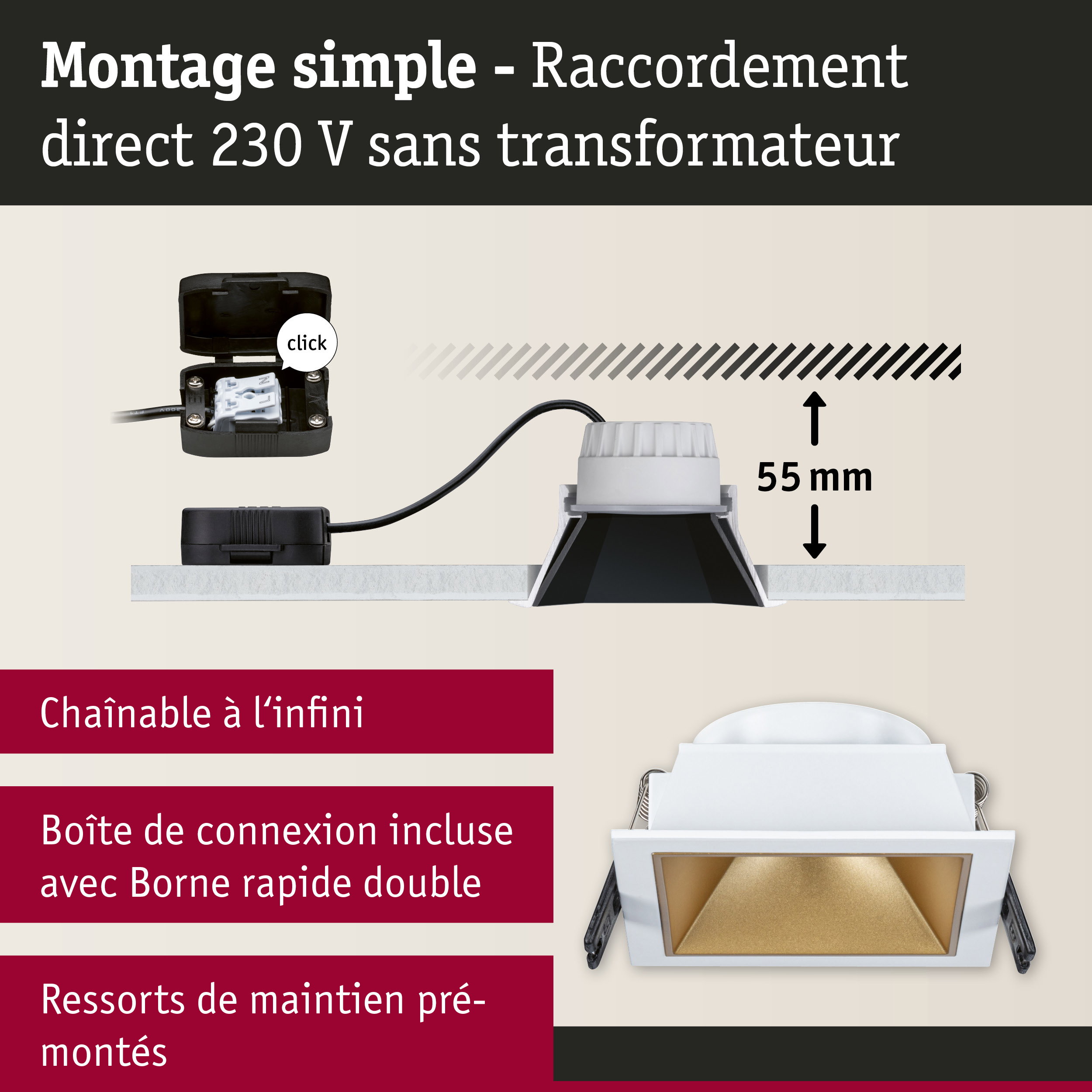 Spot encastré carré blanc avec réflecteur doré et boîte de connexion pour installation 230 V