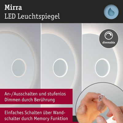 Runder Mirra LED Leuchtspiegel mit dimmbarer Beleuchtung und Memory-Funktion für Wandmontage