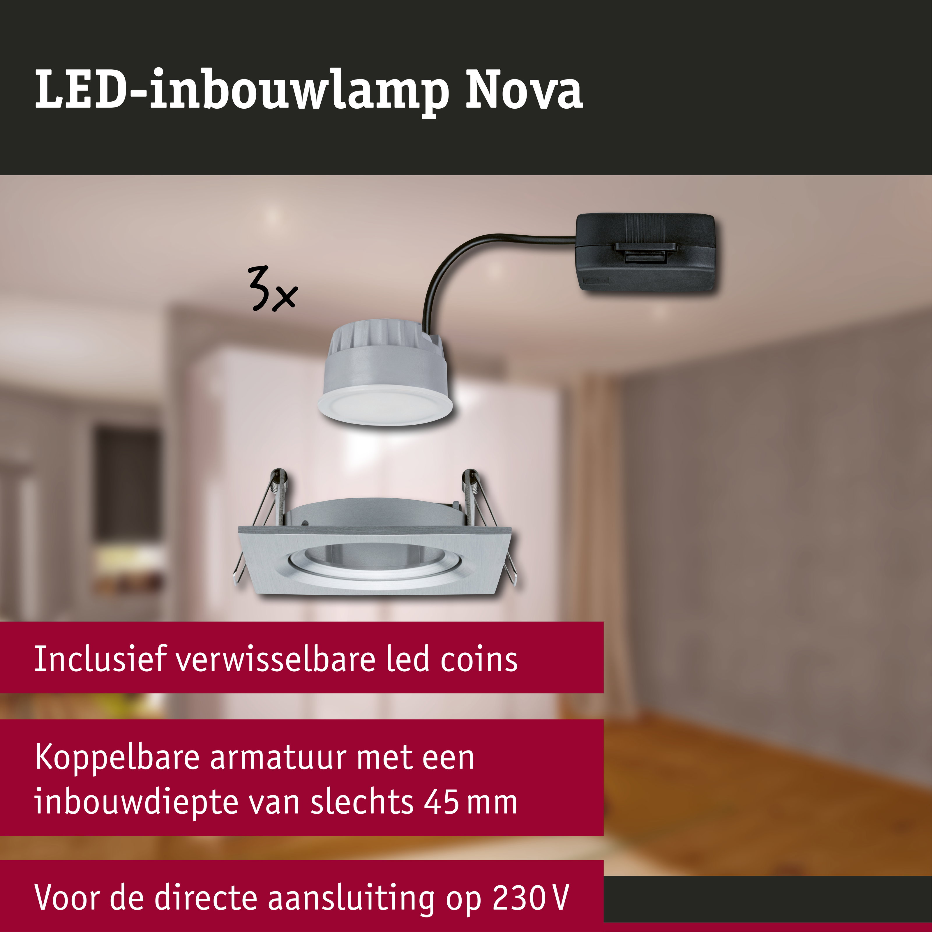 LED-inbouwlamp 3-Step-Dim Nova Coin Basisset zwenkbaar hoekig 84x84mm 50° Coin 3x6W 3x470lm 230V dimbaar 2700K Alu gedraaid
