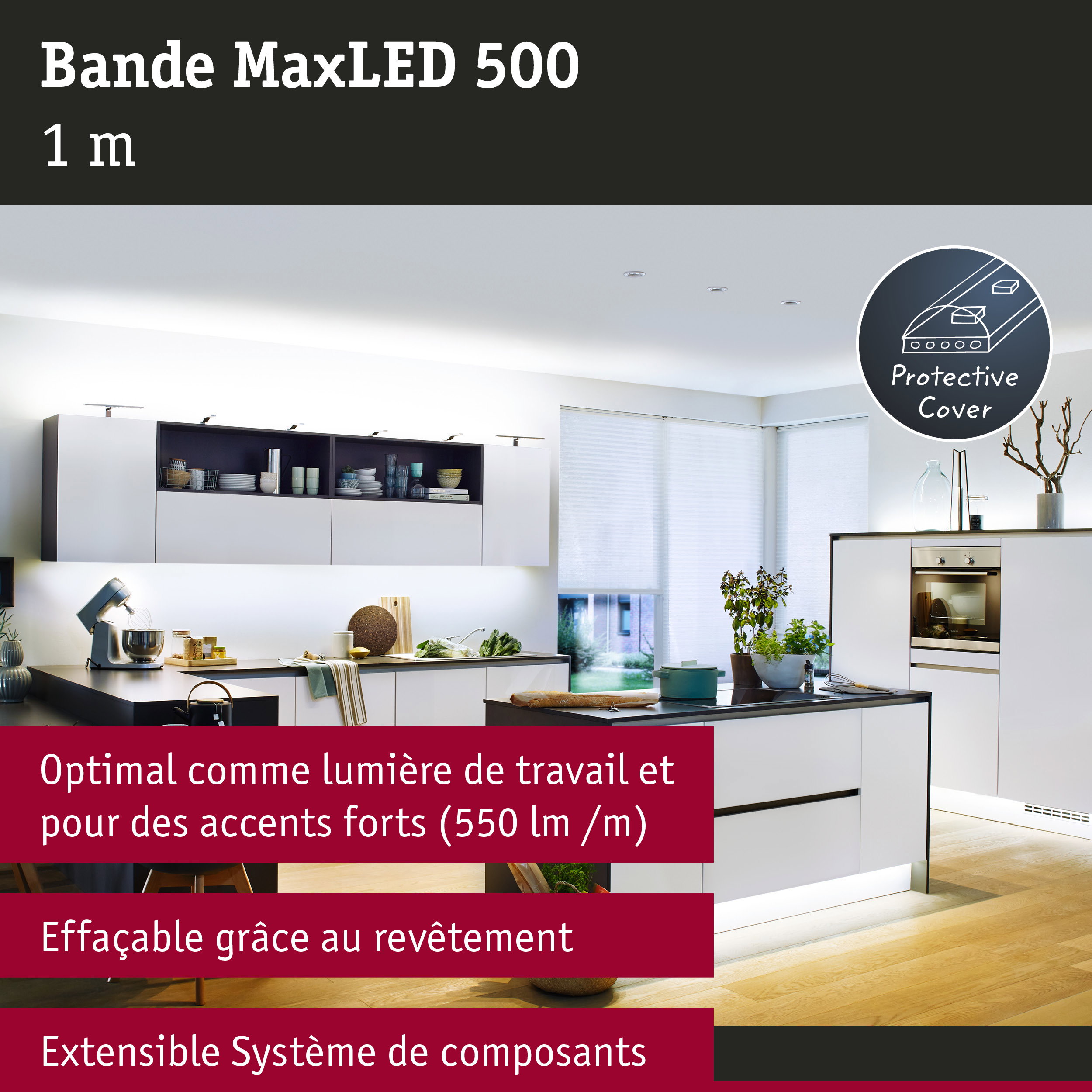 Cuisine moderne avec bande LED MaxLED 500 blanche de 1 mètre et protection pour éclairage de travail
