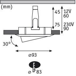 Technical drawing of LED recessed spotlight with 93 mm diameter and 30-degree tilt