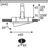 Technical drawing of LED recessed spotlight with 93 mm diameter and 30-degree tilt