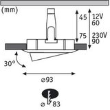 Technical drawing of LED recessed spotlight with 93 mm diameter and 30-degree tilt