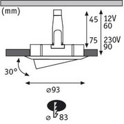 Technical drawing of LED recessed spotlight with 93 mm diameter and 30-degree tilt angle