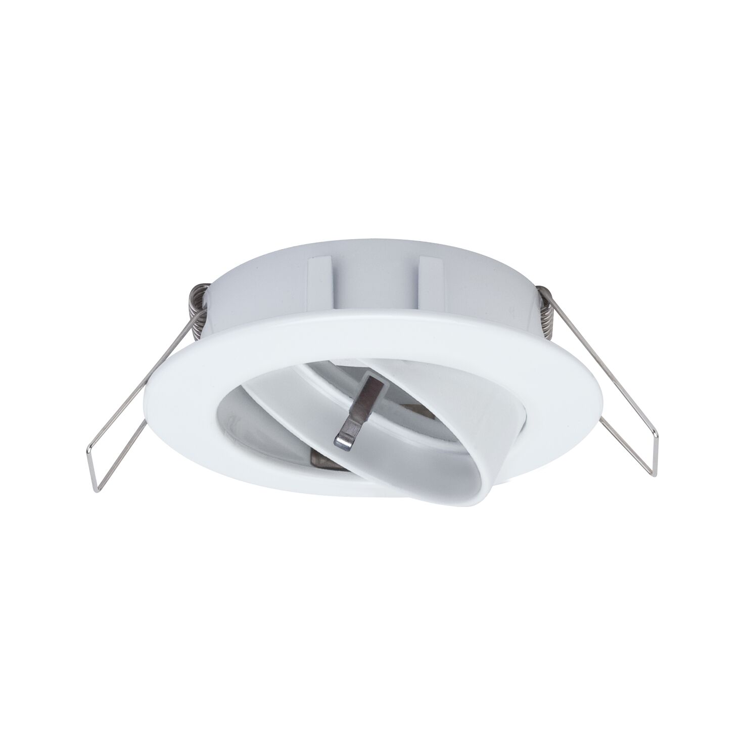 White plastic recessed spotlight with adjustable reflector and spring clips for ceiling installation