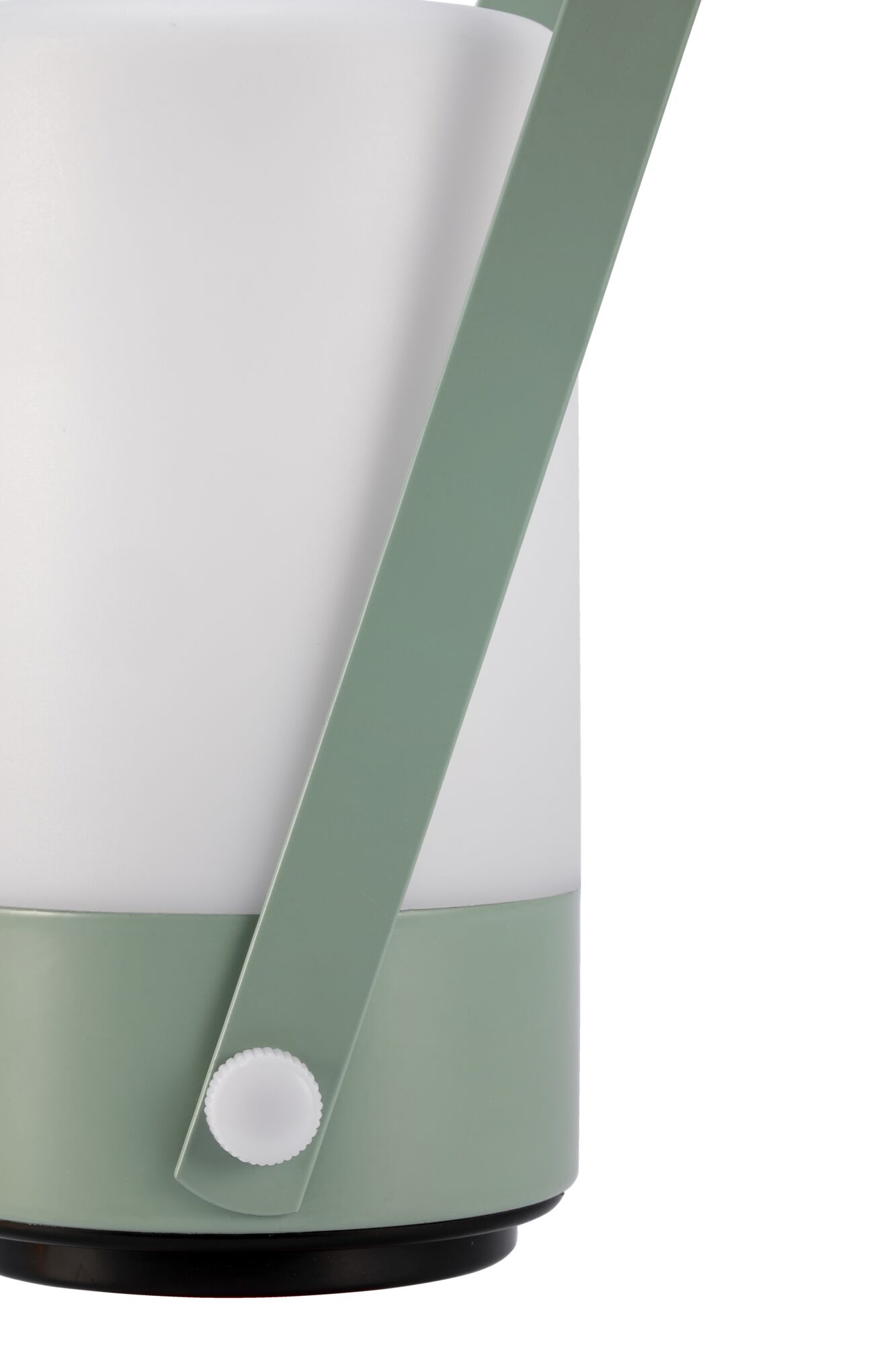 Modern portable LED table lamp with white shade and green metal handle for ambient lighting and decor