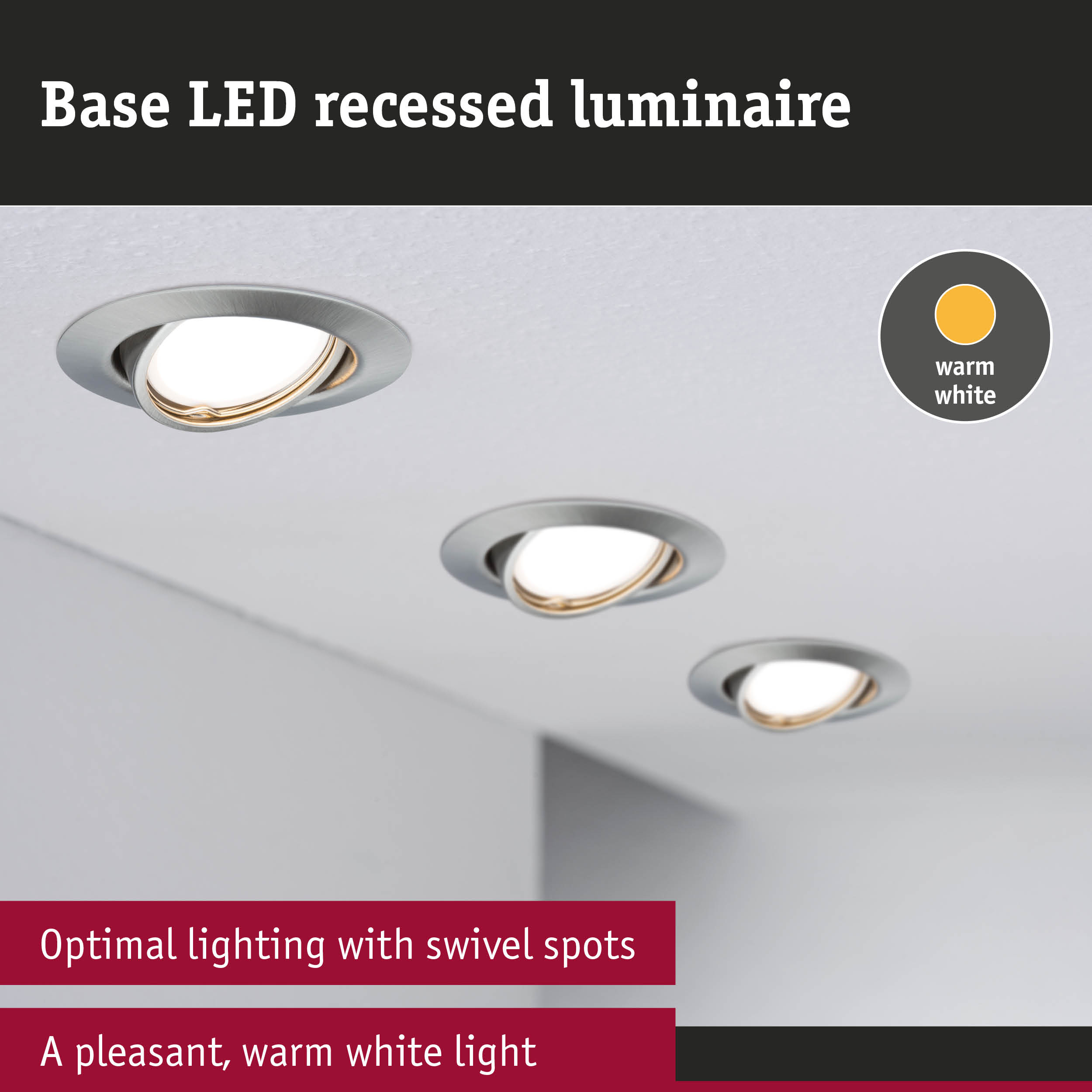 Base recessed LED luminaire in brushed metal with warm white light and adjustable swivel spots