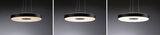 Three modern black LED pendant lights with round design and warm white light for living spaces.