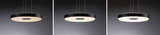 Drie moderne zwarte LED-hanglampen met rond ontwerp en warm wit licht voor woonruimtes.