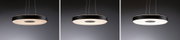 Trois suspensions LED noires modernes au design rond avec lumière blanche chaude pour salons.