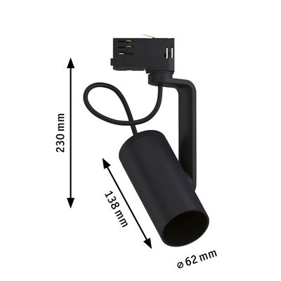 Schwarzer LED-Strahler aus Metall mit 230 mm Höhe und 62 mm Durchmesser für Schienensysteme