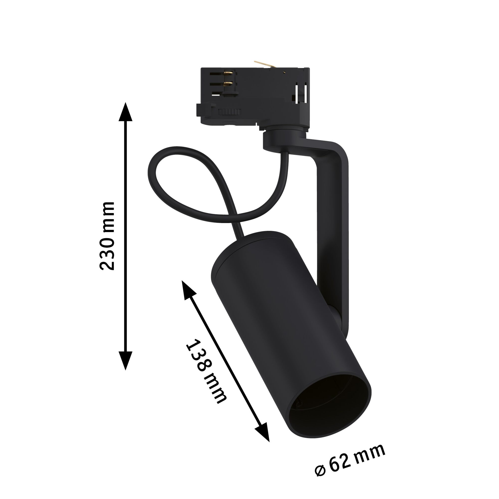 Schwarzer LED-Strahler aus Metall mit 230 mm Höhe und 62 mm Durchmesser für Schienensysteme
