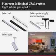 Modular URail track system with black and white aluminium rails for flexible LED lighting solutions.