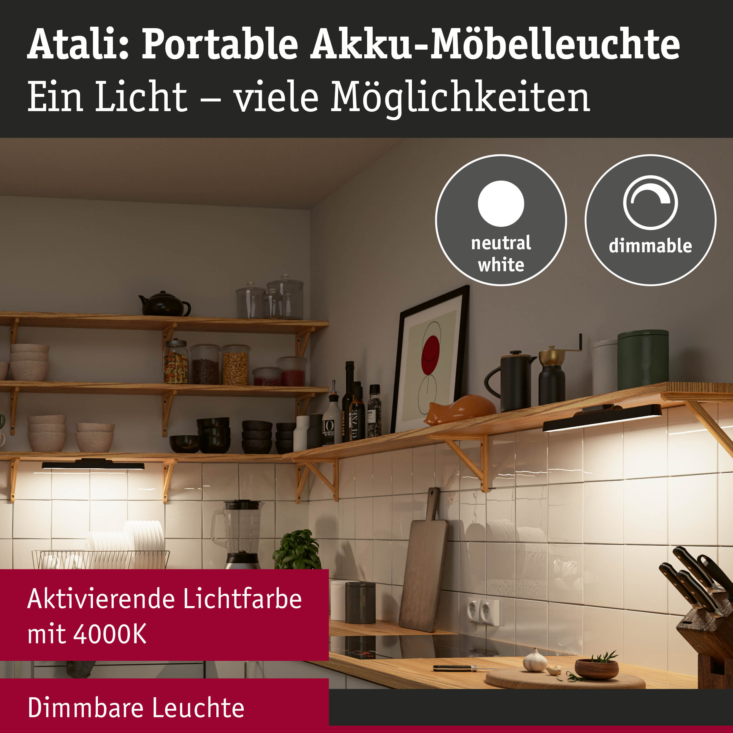 Atali portable battery-powered furniture light in neutral white, dimmable, perfect kitchen lighting with 4000K