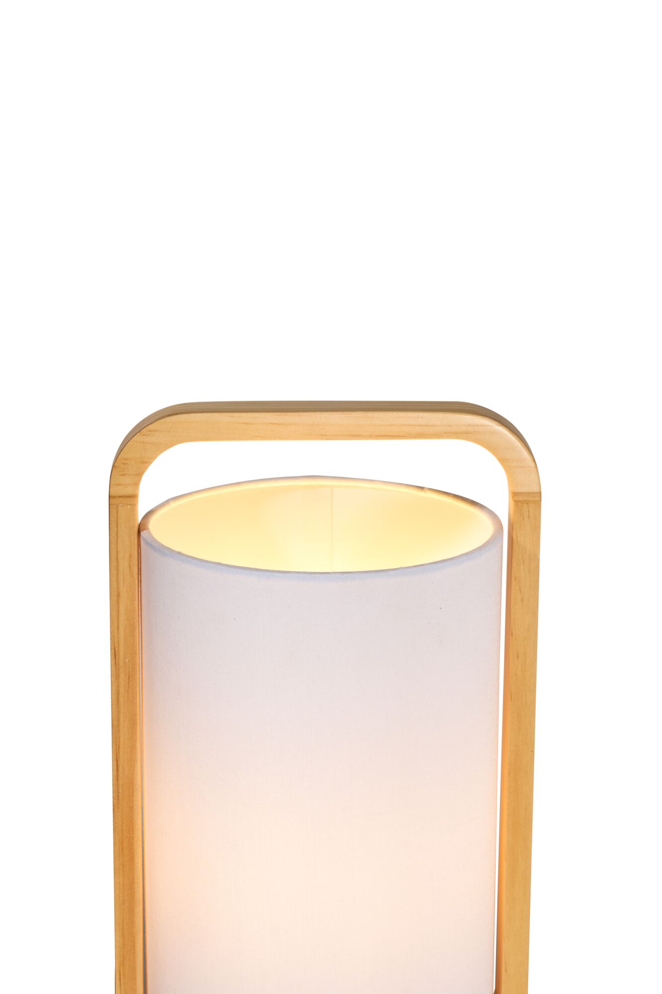Modern floor lamp with light fabric shade and natural wood frame for cozy living spaces
