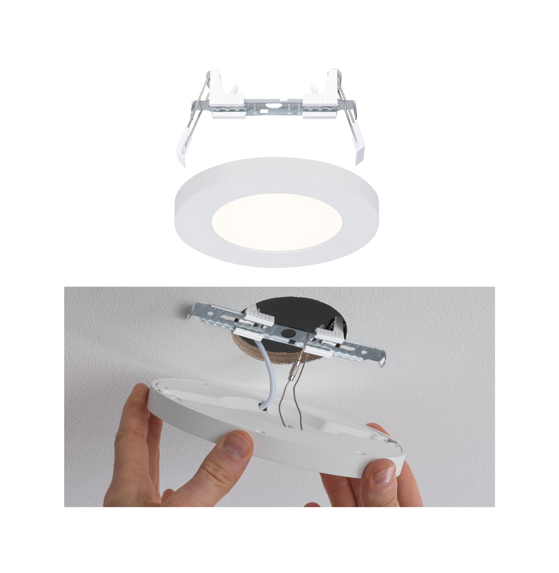 LED-indbygningspanel Cover-it Promo rund 116mm 4,5W 400lm 3000K Mat hvid Rundt hvidt LED-indbygningspanel med metalbeslag, loftmontering med kabeltilslutning.
