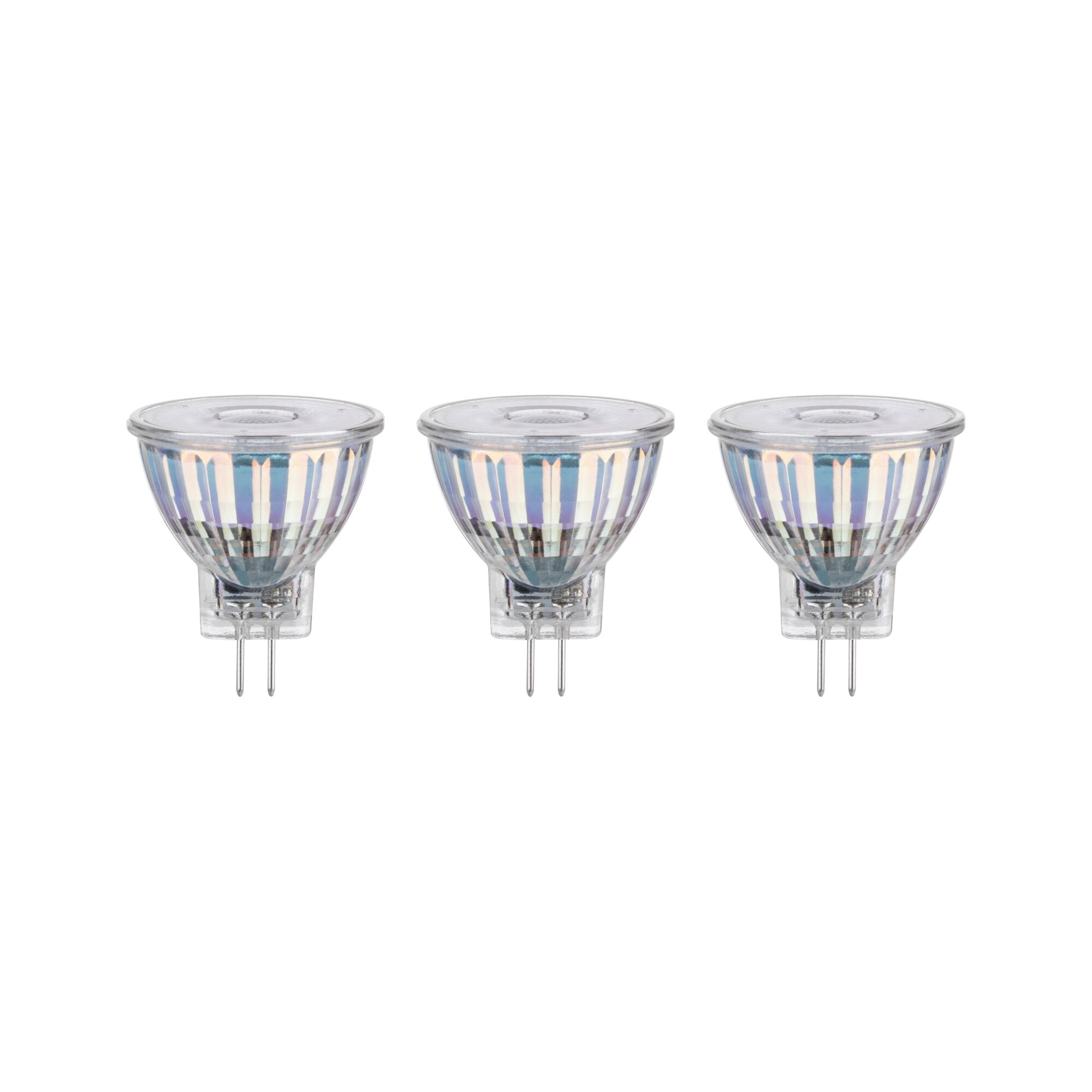 Three clear halogen reflector bulbs with GU5.3 base for energy-efficient lighting