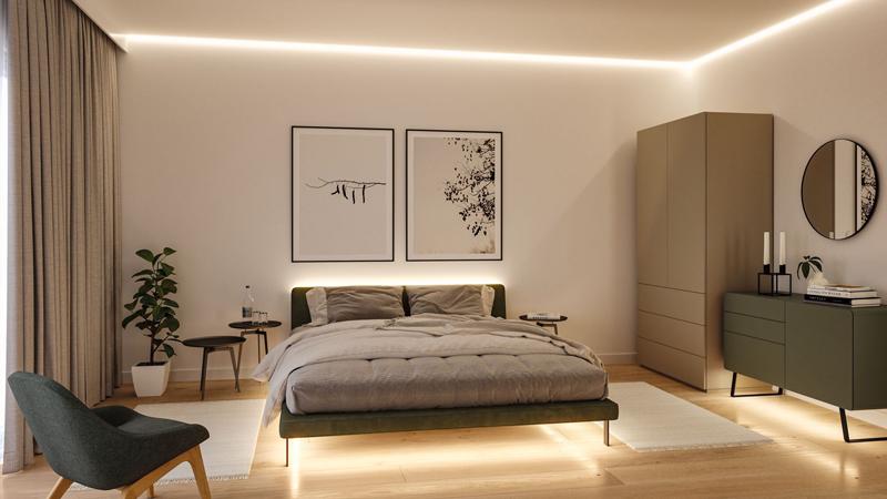 Chambre moderne avec éclairage LED, lit vert et meubles en bois et tissu pour intérieur chaleureux
