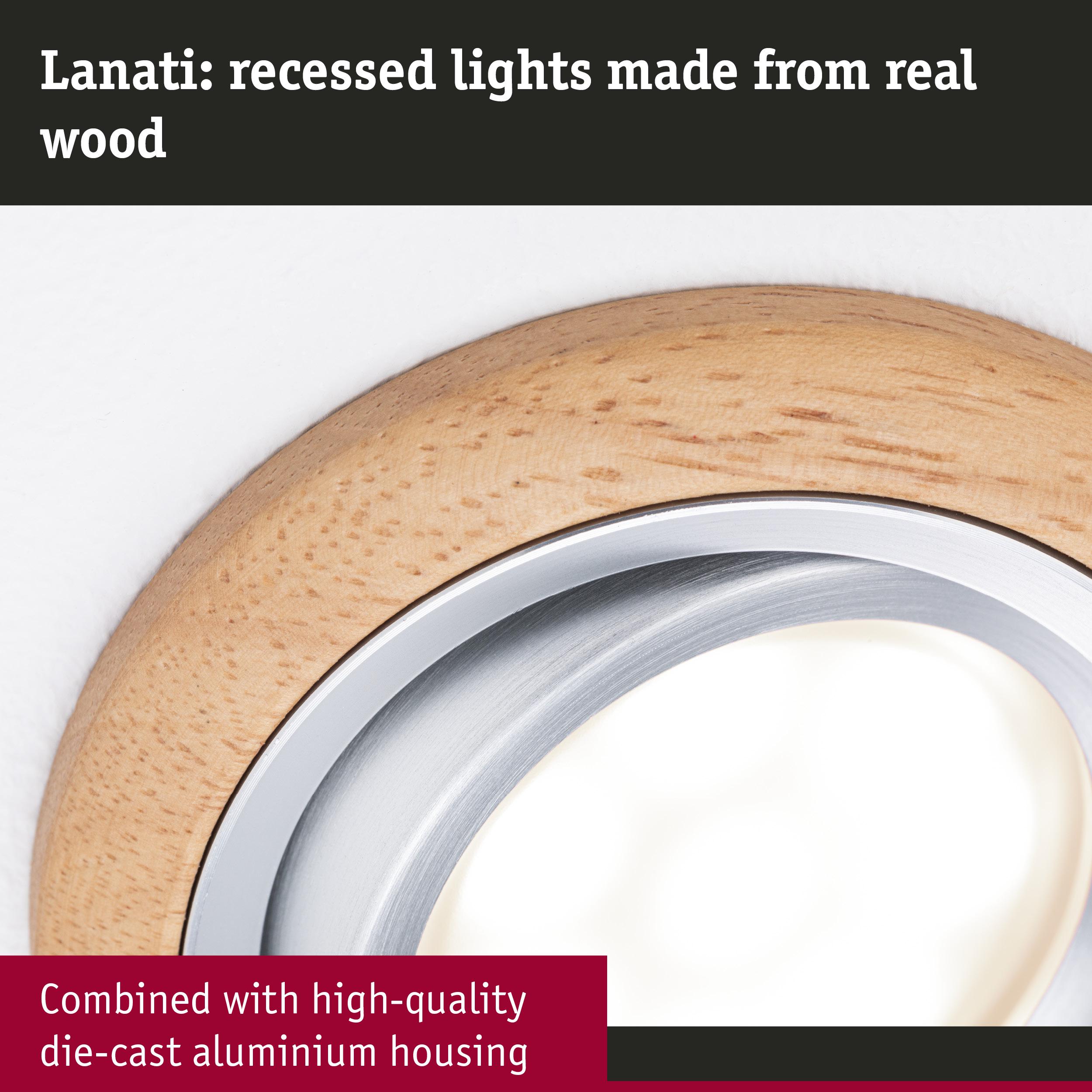 Lanati recessed light with real wood frame and high-quality die-cast aluminium housing, LED spotlight