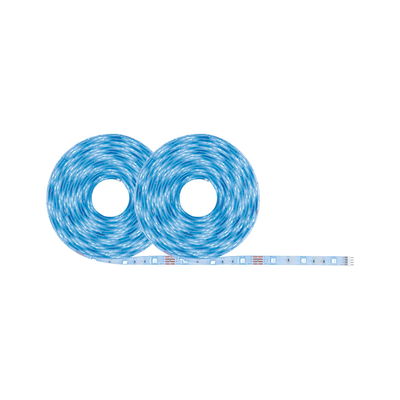 Two blue LED light strips rolled up, flexible strips for decorative indoor lighting solutions