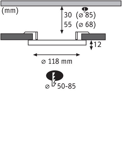 Technische tekening met afmetingen van ronde inbouwspot Ø118 mm en inbouwdiepte 12 mm