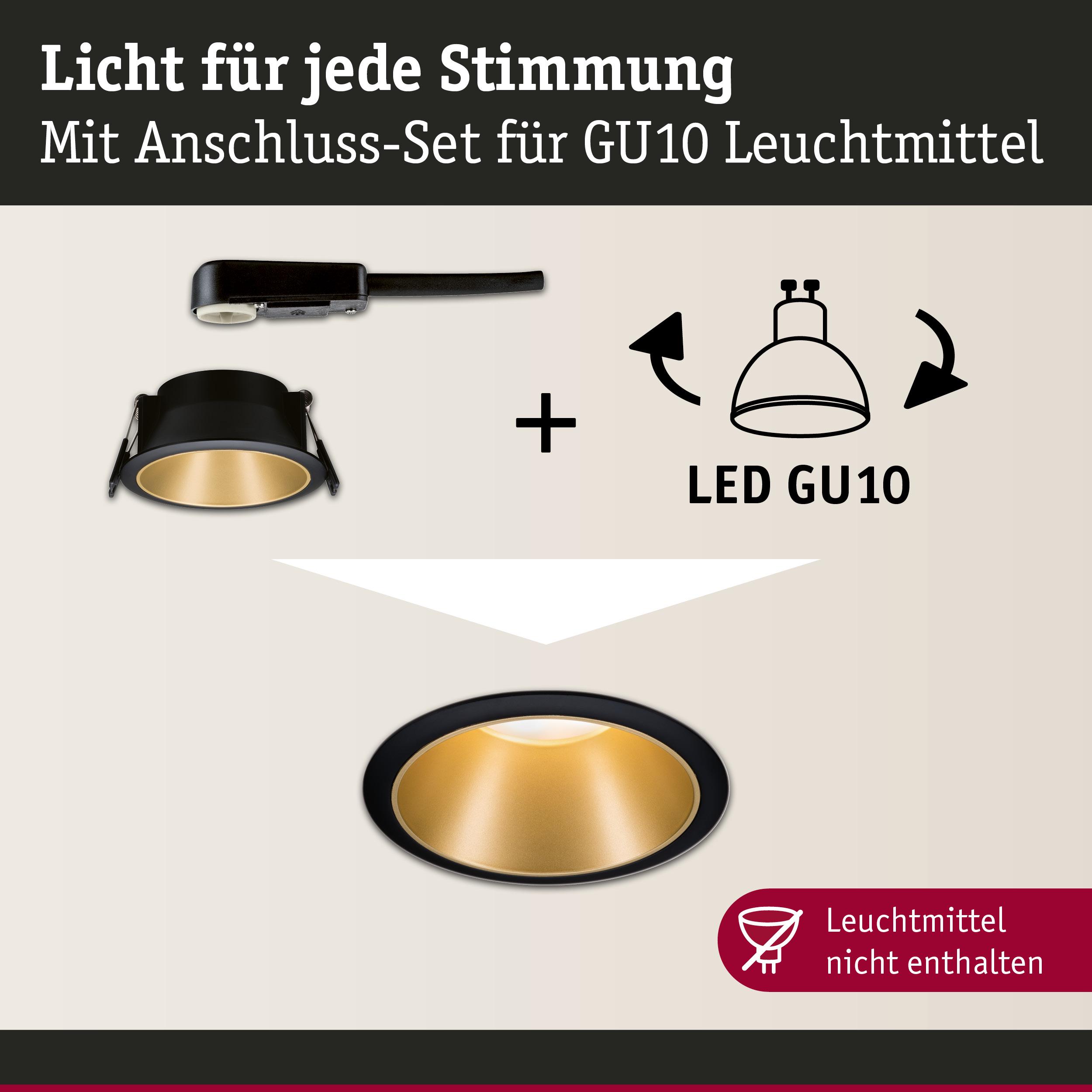 Schwarzes Einbaustrahler-Anschluss-Set mit goldfarbenem Reflektor für GU10 LED-Leuchtmittel, ohne Leuchtmittel