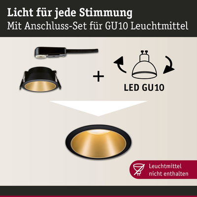 Schwarzes Einbaustrahler-Anschluss-Set mit goldfarbenem Reflektor für GU10 LED-Leuchtmittel, ohne Leuchtmittel