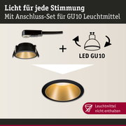 Schwarzer Einbaustrahler mit goldfarbenem Innenring und Anschluss-Set für GU10 Leuchtmittel
