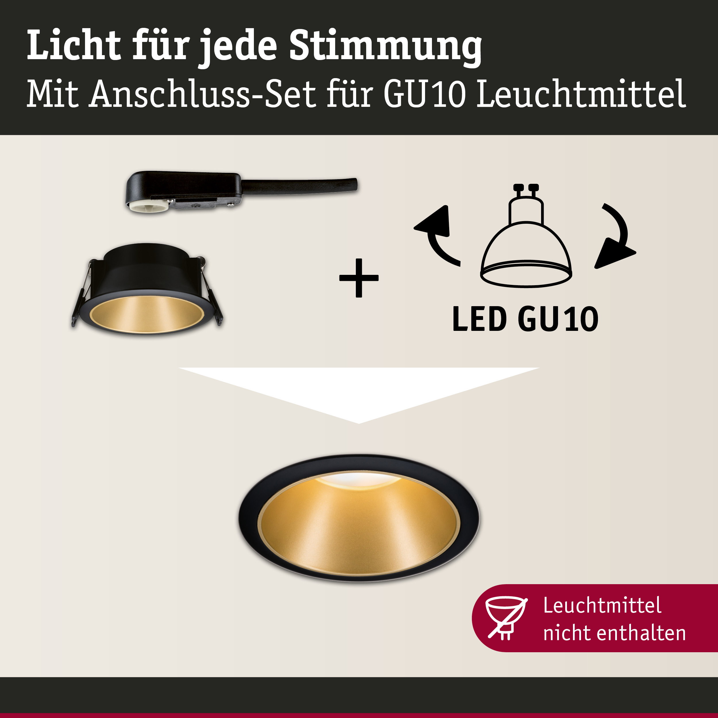 Schwarzer Einbaustrahler mit goldfarbenem Innenring und Anschluss-Set für GU10 Leuchtmittel