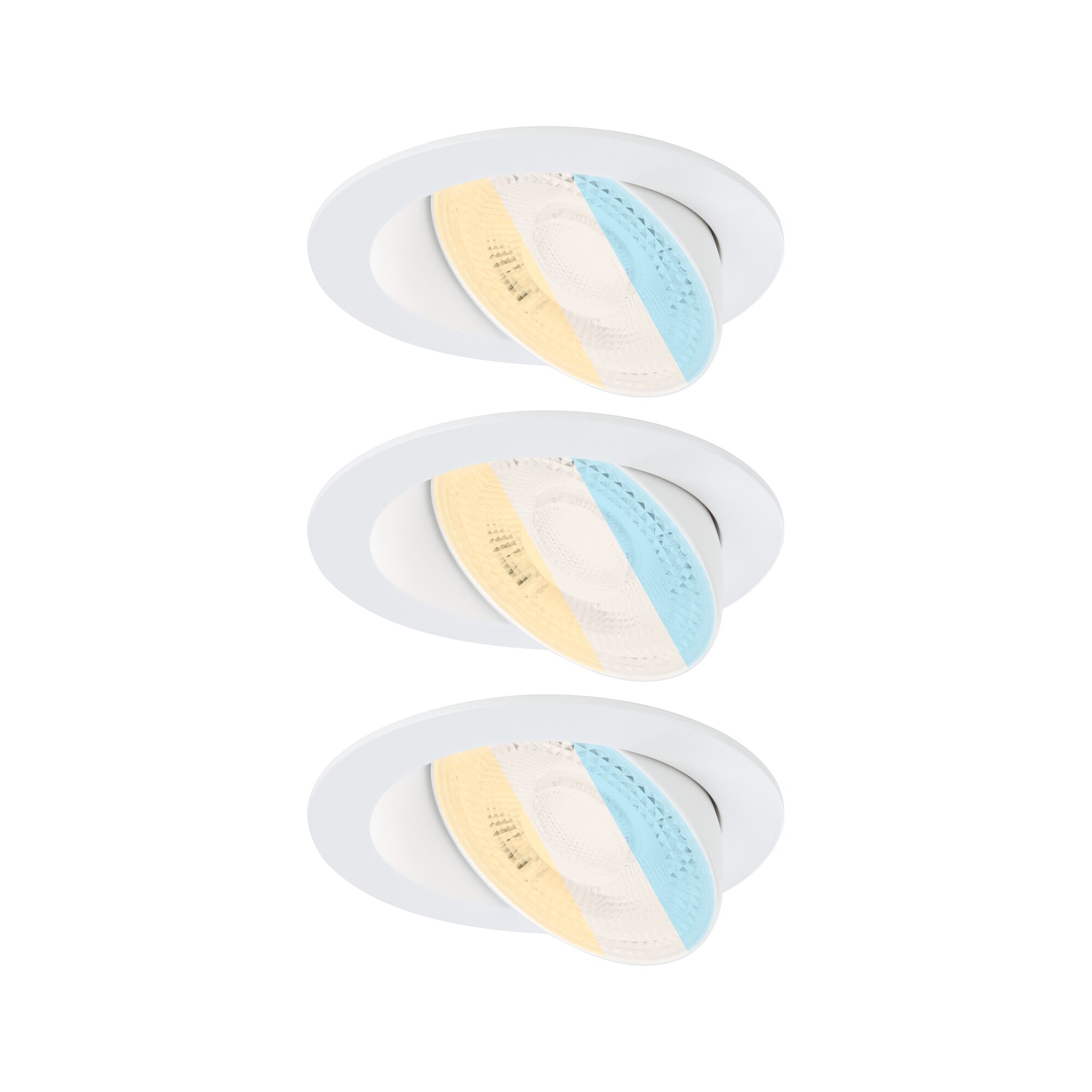 Three white LED recessed spotlights with adjustable warm and cool white light for living spaces.