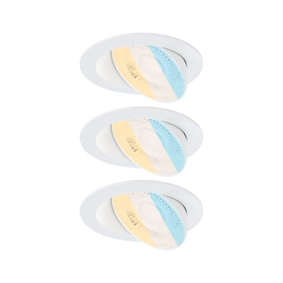 Three white LED recessed spotlights with adjustable warm and cool white light for living spaces.