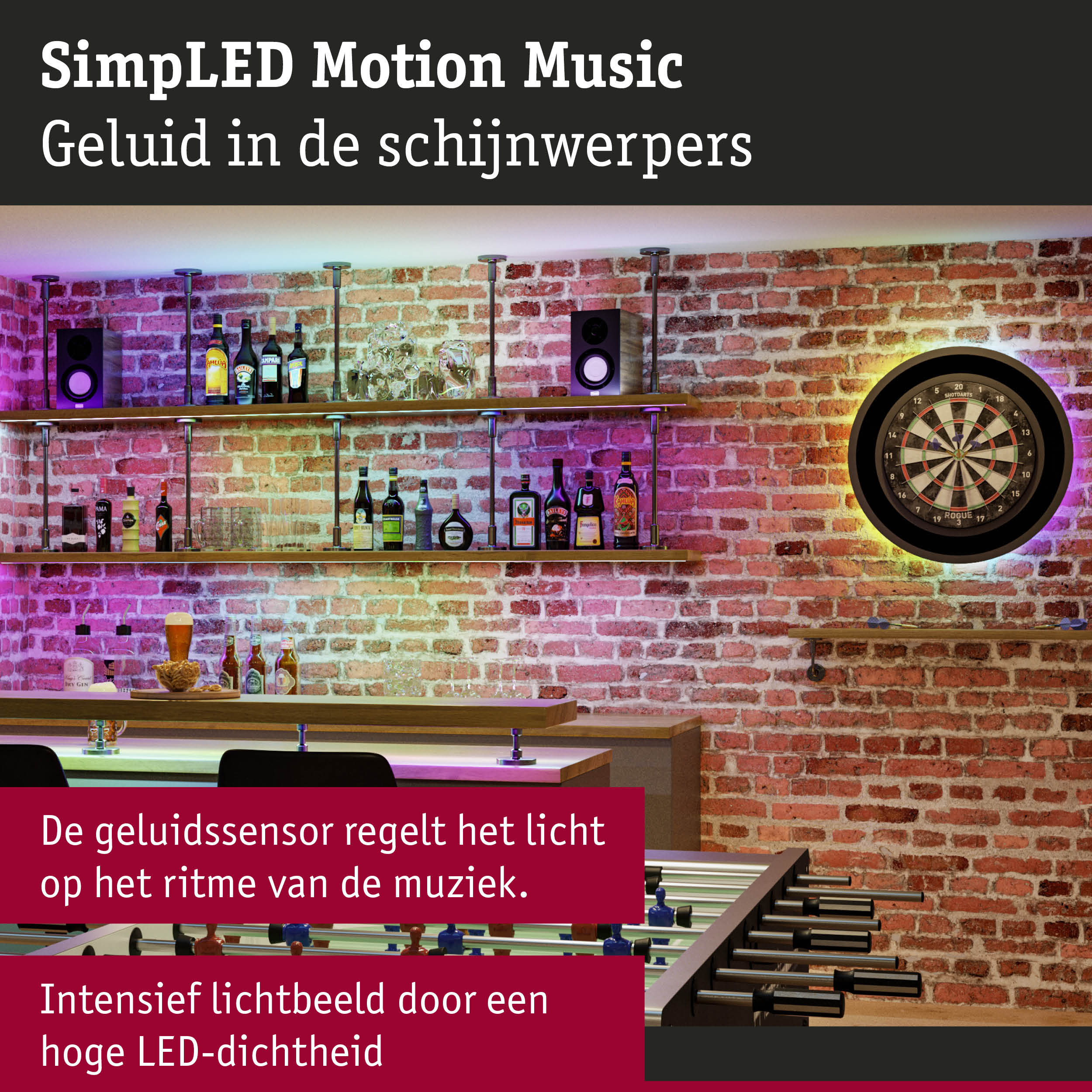 Bar met rode bakstenen muur, LED-verlichting en dartbord voor sfeervolle lichtaccenten