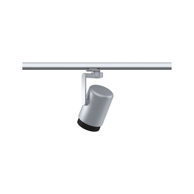 Moderner silberner LED-Strahler aus Metall an Schienensystem für flexible Beleuchtung