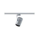 Moderner silberner LED-Strahler aus Metall an Schienensystem für flexible Beleuchtung