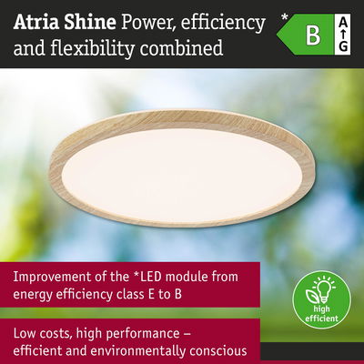 Round Atria Shine LED ceiling light with natural wood frame, energy efficient and environmentally conscious