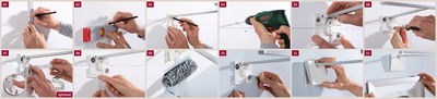 Step-by-step installation guide for white LED picture light with wall mount and drilling.