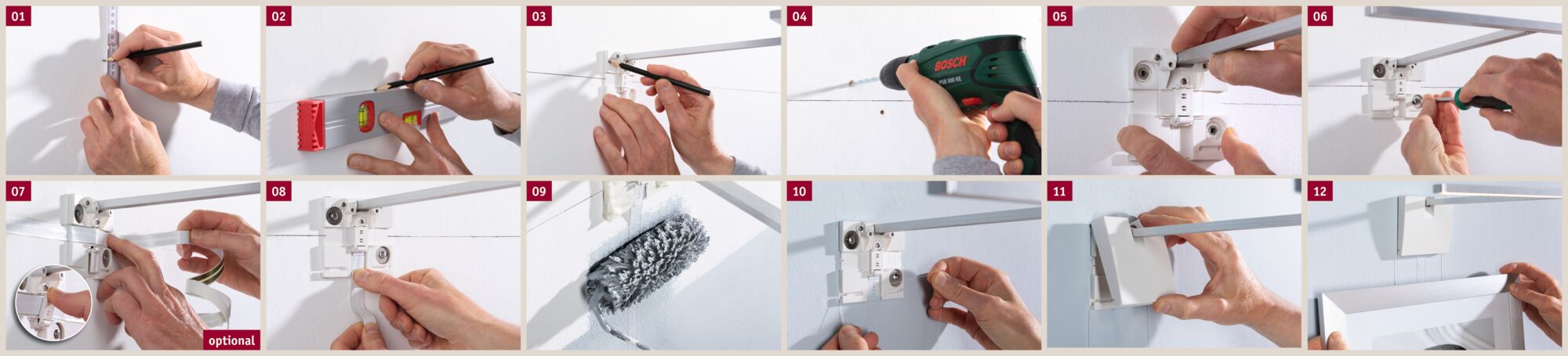 Trin-for-trin installationsvejledning til hvid LED-billedlampe med vægbeslag og boring.