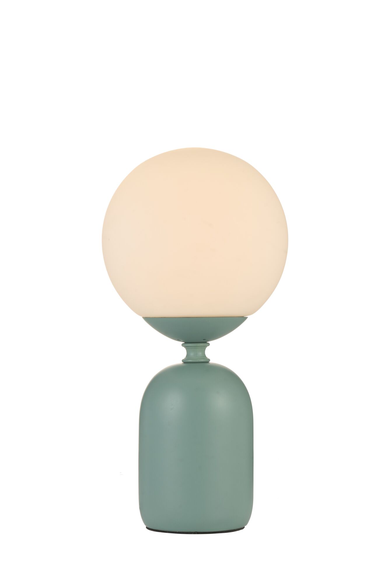 Modern table lamp with matte green metal base and round frosted glass shade for home lighting
