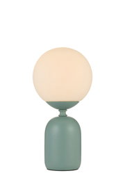 Modern table lamp with matte green metal base and round frosted glass shade for home lighting