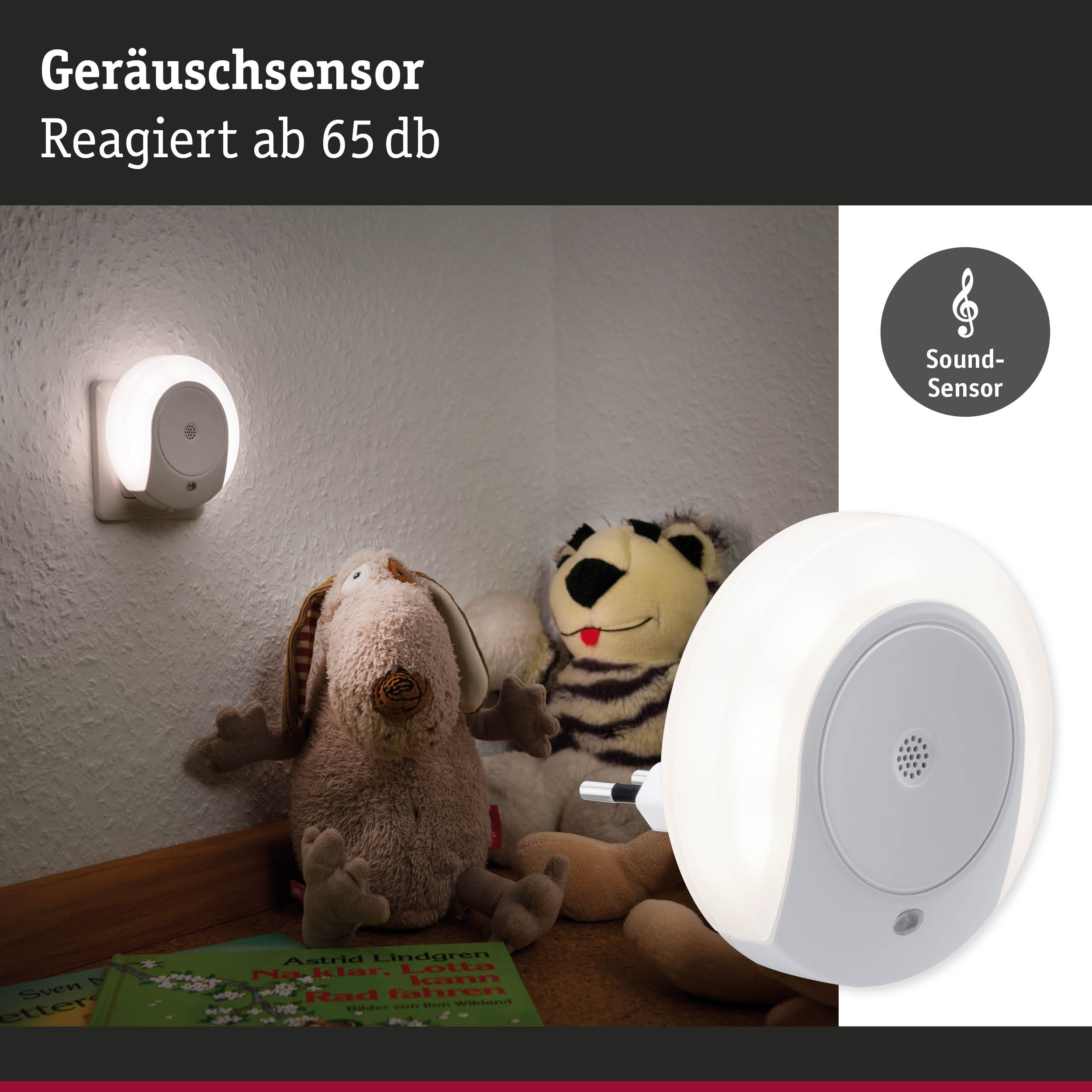 Weißer Nachtlicht-Stecker mit Geräuschsensor reagiert ab 65 dB, ideal für Kinderzimmerbeleuchtung
