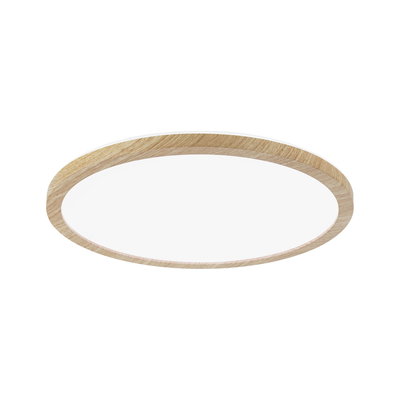Round LED ceiling light with light oak wood frame for modern home lighting