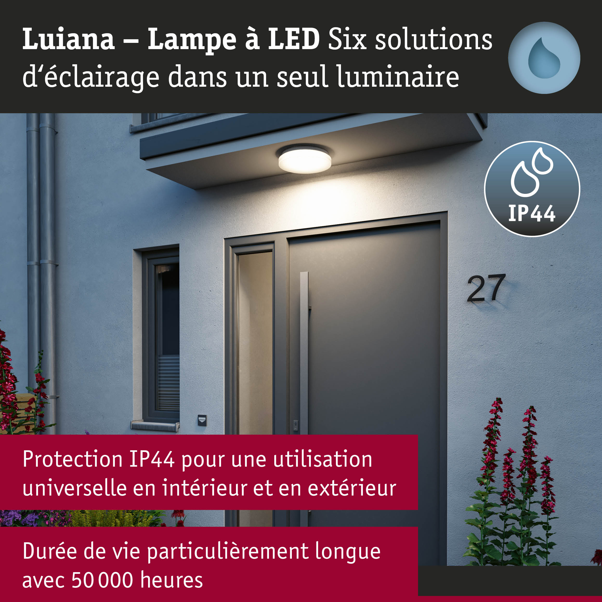 Applique murale LED blanche Luiana avec protection IP44 pour un éclairage extérieur durable à l'entrée