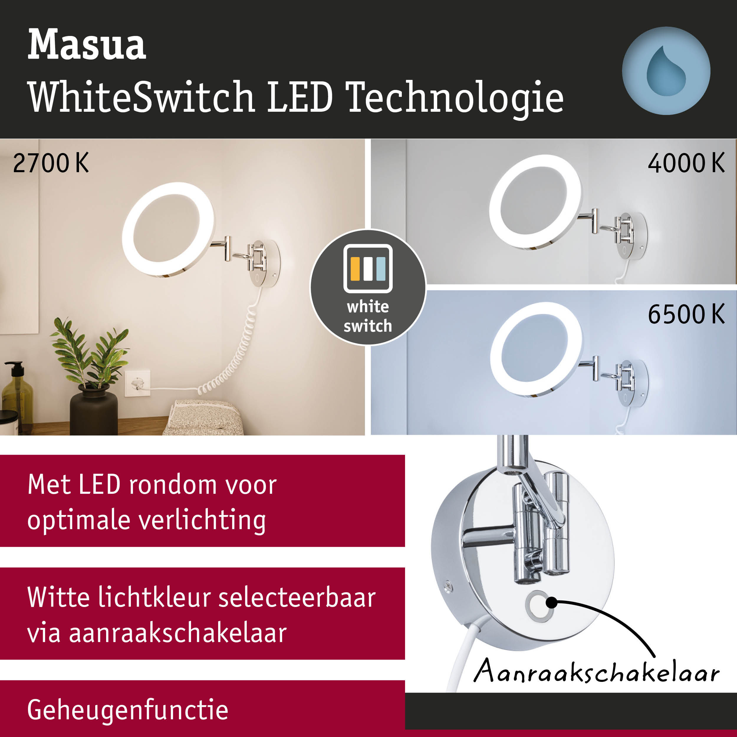 Masua LED-wandlamp met WhiteSwitch-technologie en instelbare lichtkleur van 2700K tot 6500K