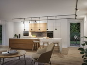 Moderne Küche mit schwarzer LED-Schienenbeleuchtung und Holzfronten, stilvolle Innenraumbeleuchtung