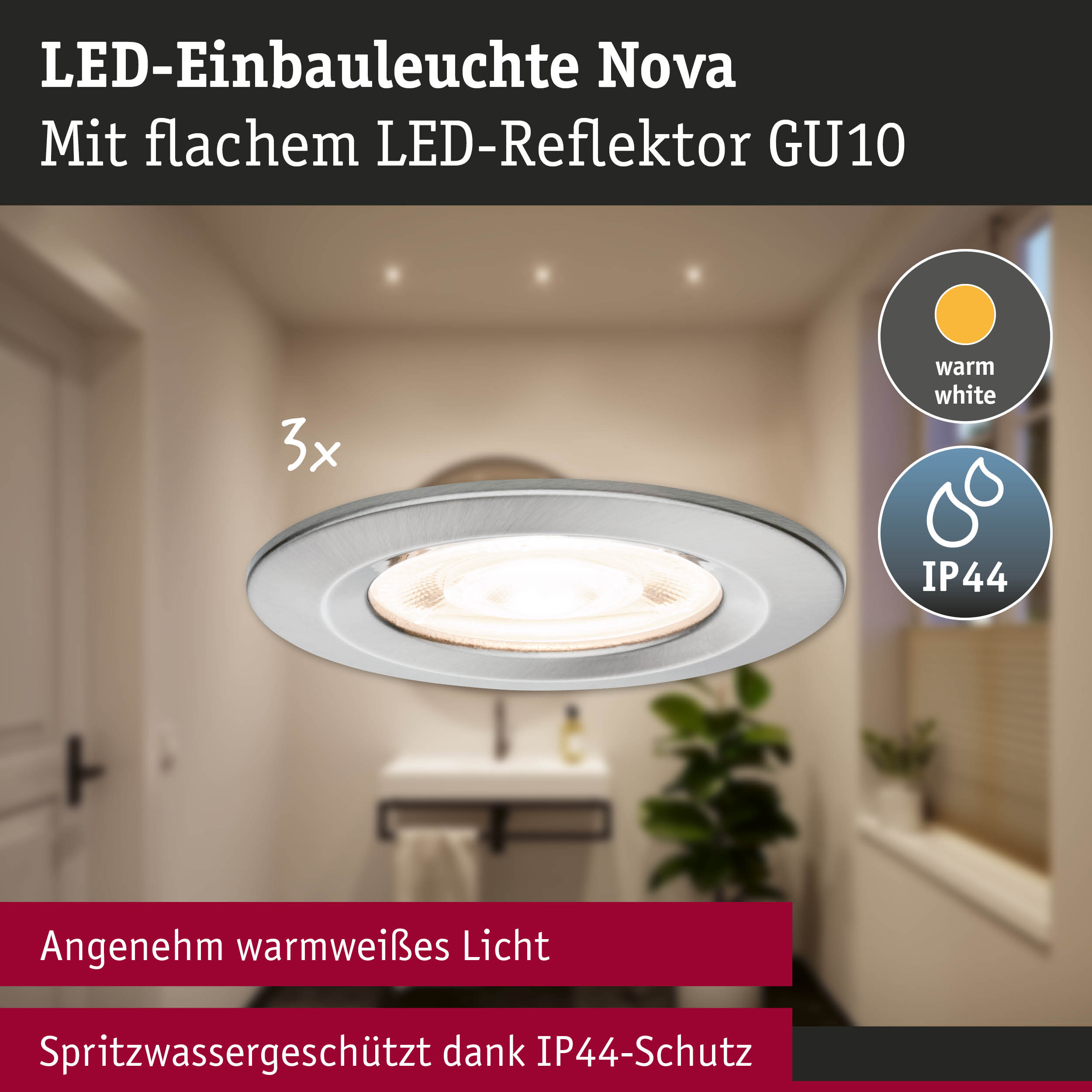 LED-Einbauleuchte Nova aus Aluminium in Silber mit warmweißem Licht und IP44 Spritzwasserschutz