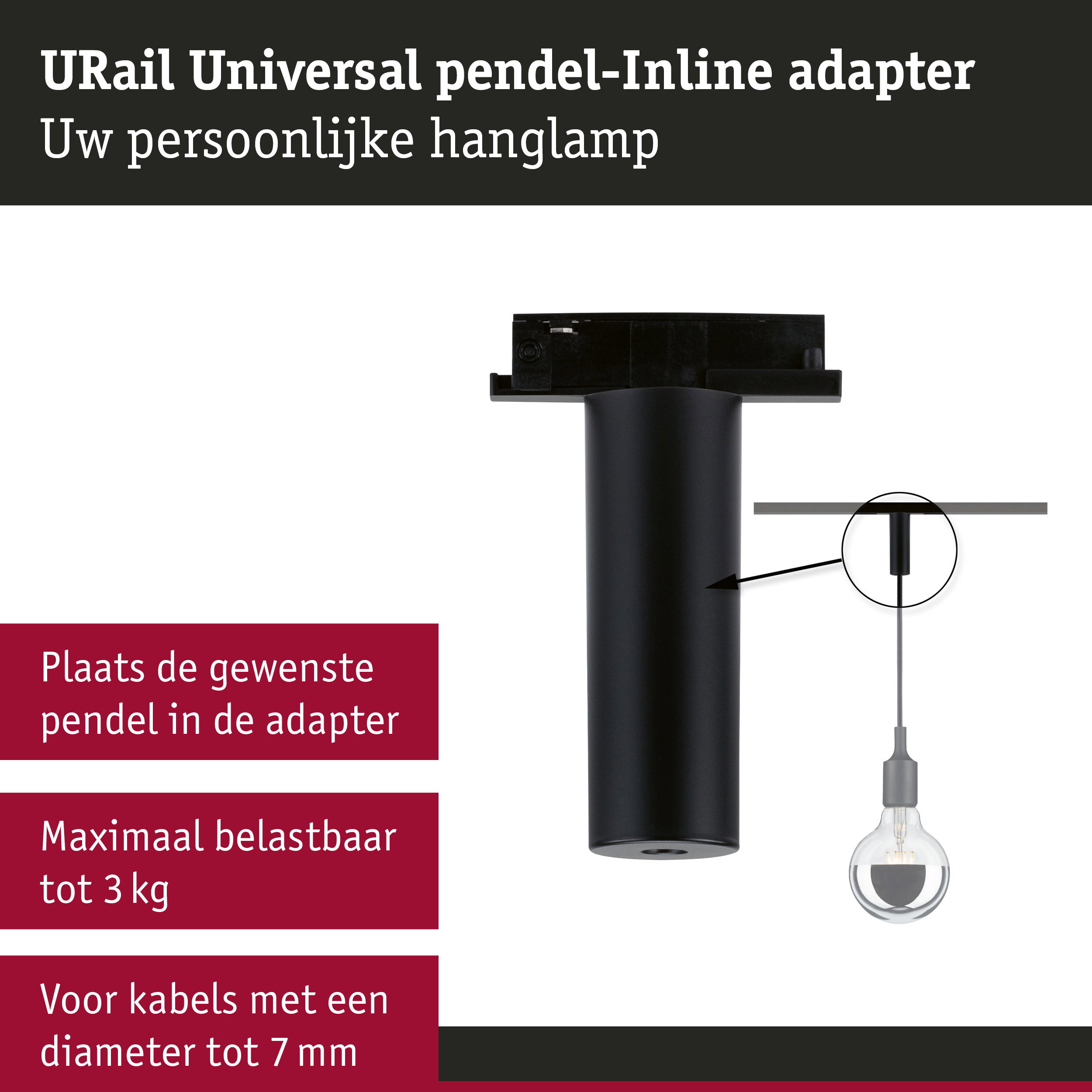 URail Pendeladapter Universal max. 50W 230V Zwart mat