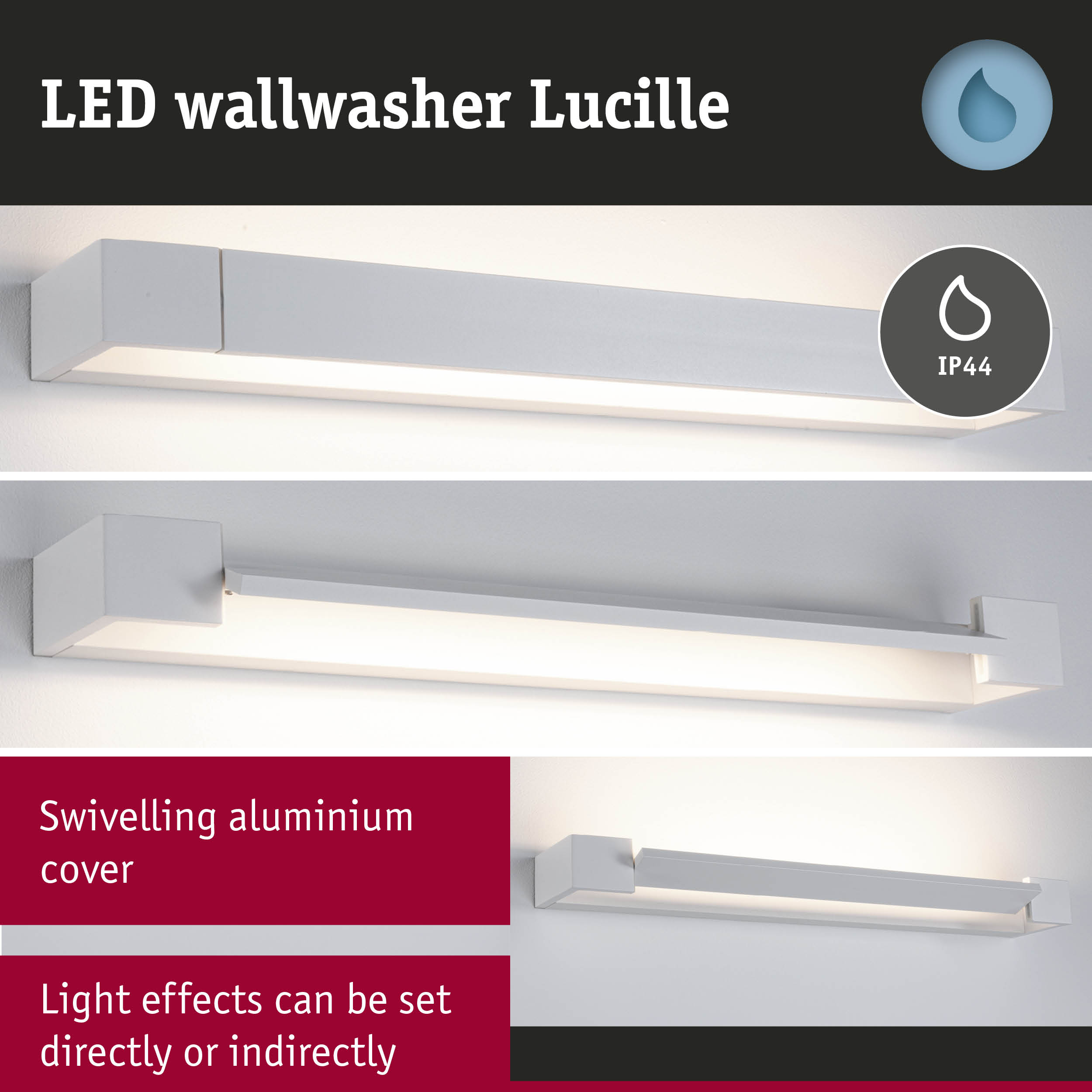 White aluminium LED wallwasher Lucille with IP44 rating and swivelling cover for adjustable lighting